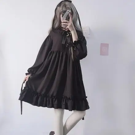 

Japanese Harajuku Women Black Ruffles Dress Lantern Sleeve Lolita Style Student's Dress Sweet Kawaii Bow Girl Dress DC639