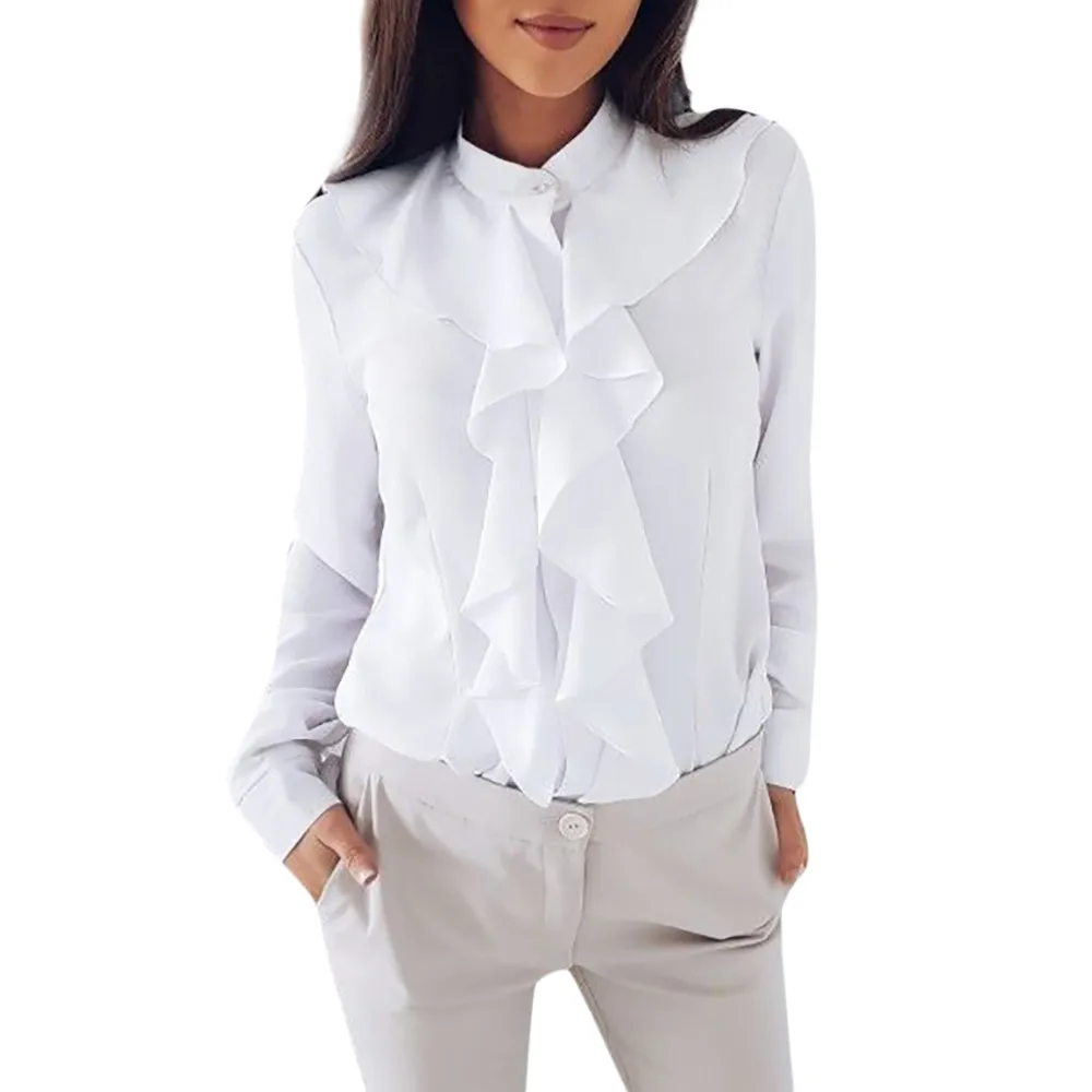 Элегантная женская офисная блузка, рубашки для девушек, с оборками, с длинным рукавом, с волнистым воротником, весна-осень, повседневная женская рубашка, топы, 2XL Blusas