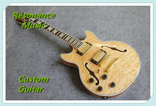 Cheap Nature Wood Quilted Finish Hollow Maple Body ES Electric Guitars China OEM Left Handed Guitar For Sale