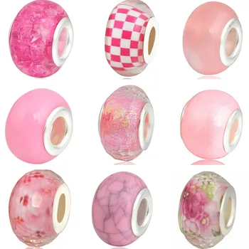 

Pink Color Big Statement Enamel Round Hearts Flowers Alloy Beads Fit Pandora Charms Bracelets DIY Necklaces for Women Accessory