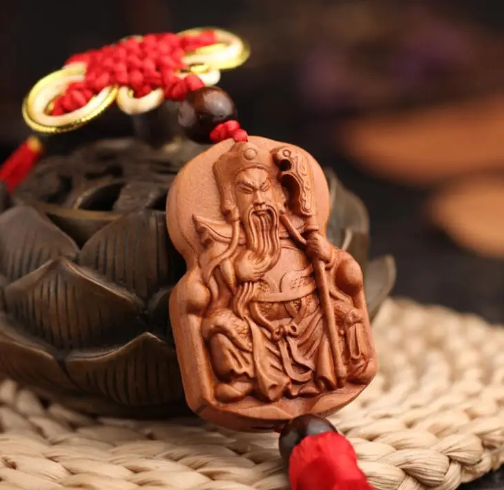 

Chinese Peach Wood Carved Safe And Good Luck Card Guan Gong Guan Yu Exquisite Car Interior Trim Pendant