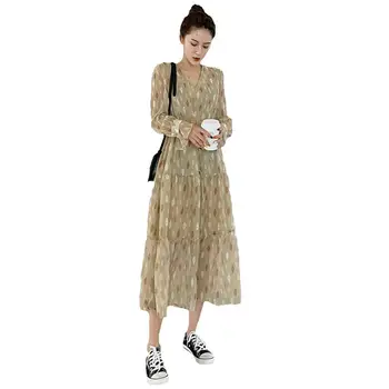 

Retro Floral Printed Women Long Dress Spring Summer V-neck Flare Sleeve Chiffon Dresses Female Pleated A-Line Dress Vestidos D54