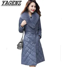 Высококачественная Женская куртка-пуховик из лисьего меха, пальто, новая мода, тонкий пояс, теплая Длинная кожаная куртка, женское повседневное пальто, большие размеры