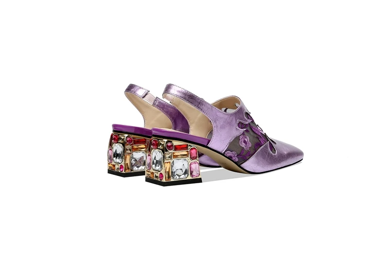 ANNYMOLI/весенне-летние босоножки женская обувь на блочном каблуке с драгоценными камнями босоножки с квадратным носком из лакированной кожи фиолетового цвета, размеры 34-41