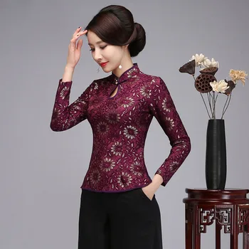 

Chinese Traditional Style Female Shirt Casual Mandarin Collar Blouse Purple Button Tang Lace Floral Clothing Plus Size S-4XL