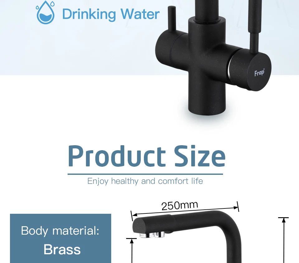 Frap New Black Kitchen Faucet Seven Letter Design 360 Degree Rotation with Water Purification Features Double Handle F4352-7