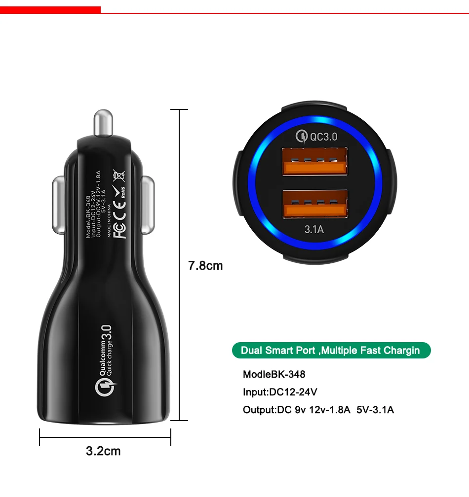 Автомобильное зарядное устройство с двумя usb-портами для быстрой зарядки QC 3,0 Для Xiaomi 9 huawei P30 Pro для iPhone XS 8 samsung, адаптер, зарядное устройство для телефона