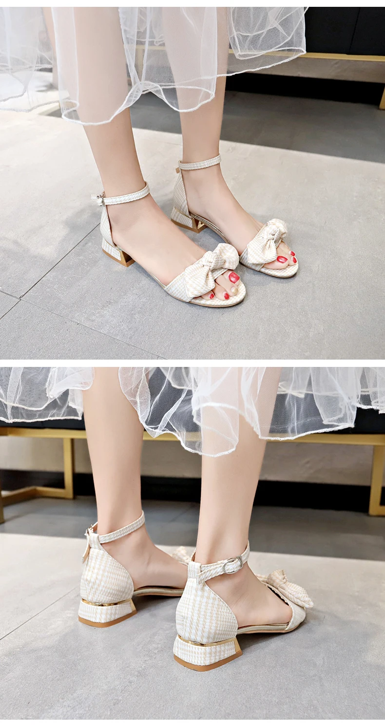 Дизайнерские женские туфли с принтом «гусиные лапки» Босоножки на каблуке с ремешком и бантиком г. милые модельные туфли женские брендовые сандалии feminina