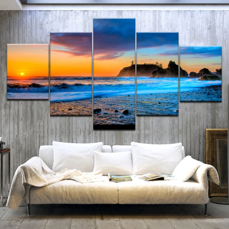 

5 Pieces Modular Wall Paintings Beach Sunset Sky Landscape Canvas Painting Print Poster Frame Decor Wall Art Modern Painting