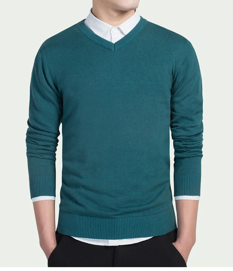 Вязаные свитера с v-образным вырезом, осень, модные повседневные мужские свитера, пуловер, облегающий хлопок, однотонный мужской пуловер размера плюс M-3XL