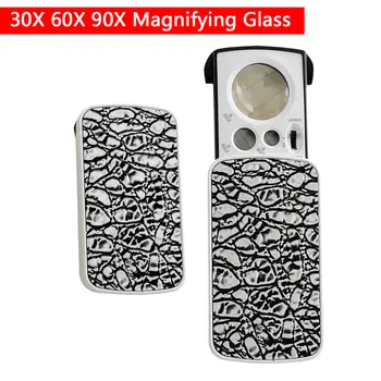 

30/60/90 Times Foldable Magnifying Glass ABS Mini Portable Mirror Jewelry Diamond with Ultraviolet Money Detector Lamp