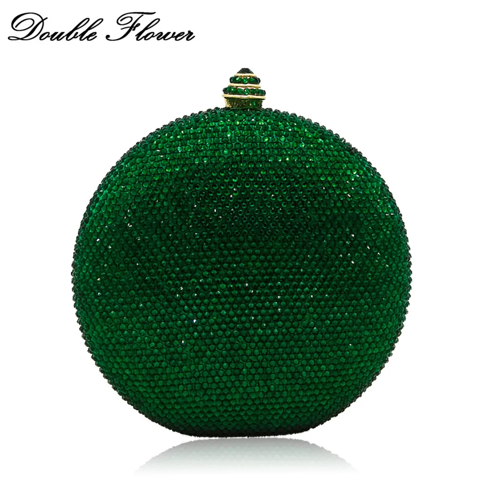 

Double Flower Round Wine Pot Emerald Green Women Crystal Evening Bag Wedding Clutch Bag Cocktail Party Diamond Handbag Purse