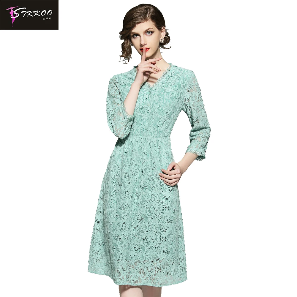 

STKKOO K Europe and America Lady Spring Summer Fresh Fashion Mint Green Dresses for Women Elegant V Neck Three Quarter Sleeve
