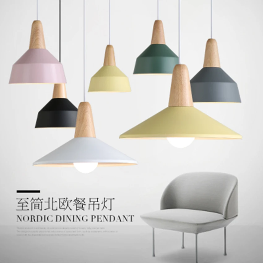 

Modern Wood Pendant Lights Colorful Aluminum Lampshade Pendant Lamp Lighting Dining Room Coffee Bar Decor Hanging Lamp Luminaire