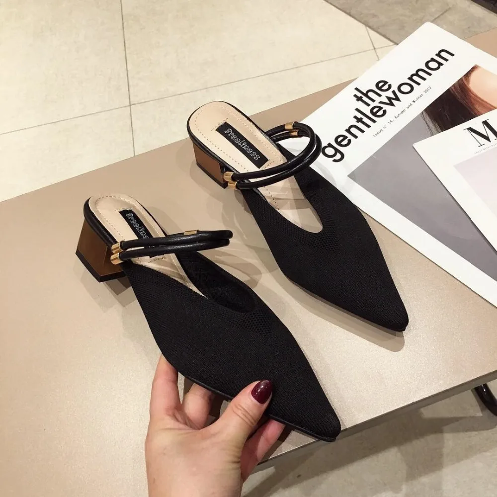 

Shallow Shoes Mules Women Pointed Toe Women's Slippers 2019 Slides Square heel Med New Sliders Hoof Heels Canvas Spring Basic