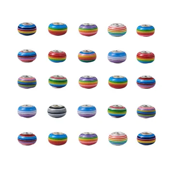 

100pcs Resin European Beads Large Hole Beads Rondelle Mixed Color with Silver Plated Brass Double Cores 14x8.5mm