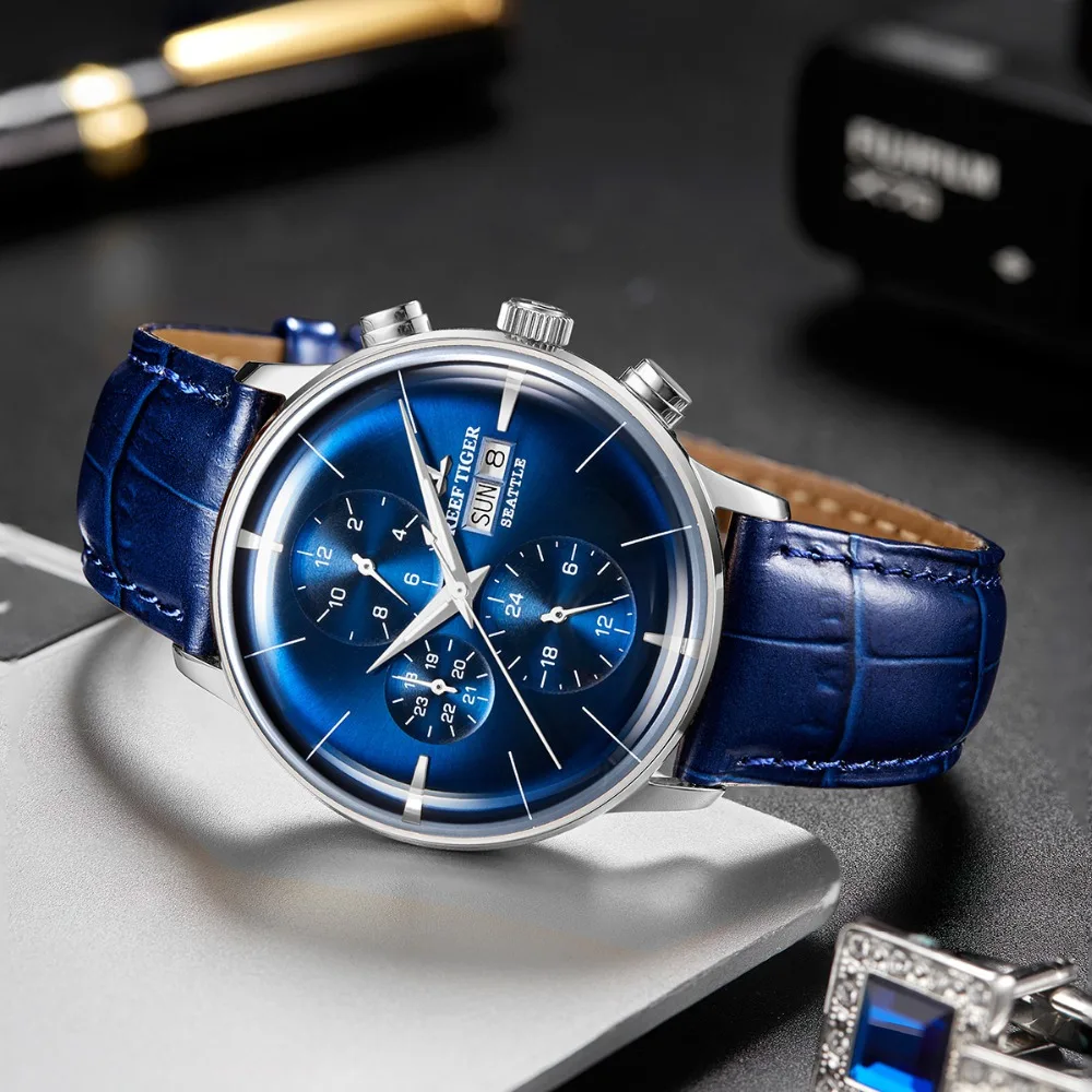 

Reef Tiger Business Brand Luxury Men's Watches Leather Waterproof Mechanical Multifunction Chronograph Automatic Reloj Hombre