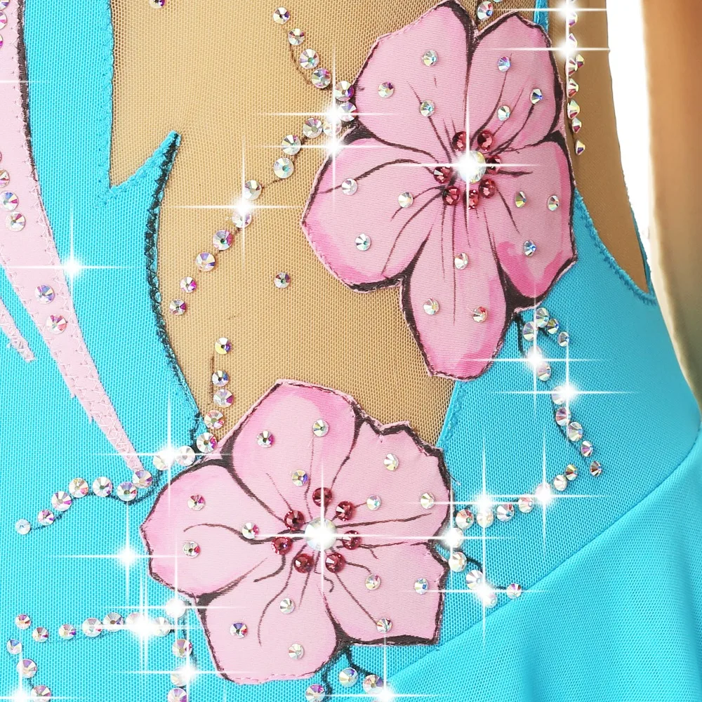 Голубое озеро с длинным рукавом кристалл дрель ручная роспись фигуры юбки для конькобежцев/платье представление юбка высокая эластичная плотная Женская юбка/платье