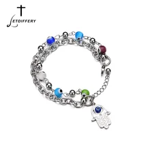 Letdiffery браслеты из нержавеющей стали ручной Fatima Link для женщин синий сглаза двойной браслет-цепочка Шарм ювелирные изделия