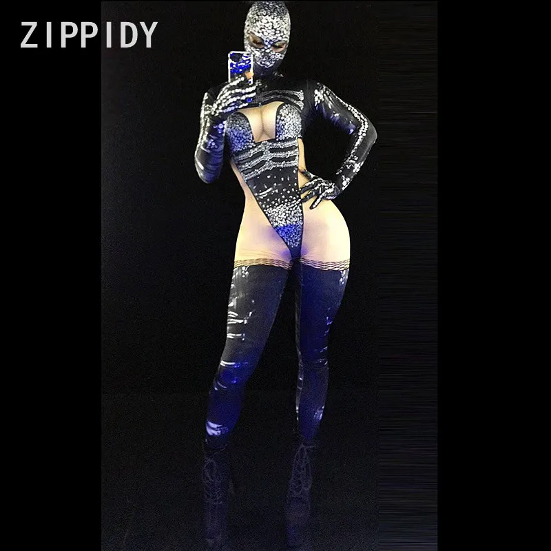 

Black Printed Stretch Jumpsuit 2 Style Bodysuit Evening Cosplay Outfit Singer Dance Leggings Halloween Nightclub Costume