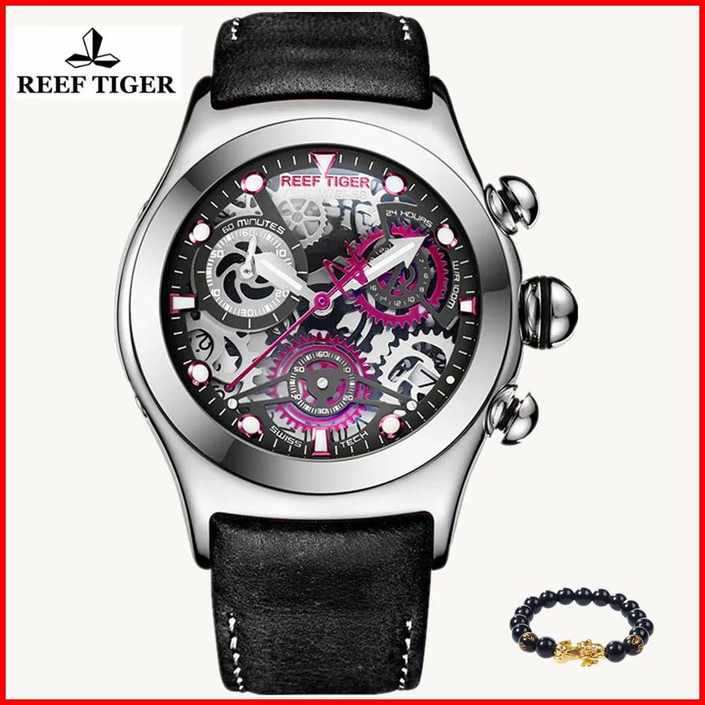 

Reef Tiger/RT Luxury Brand Mens Sport Watches Chronograph Skeleton Dial Date Three Counters Steel Watch relogio masculino RGA792