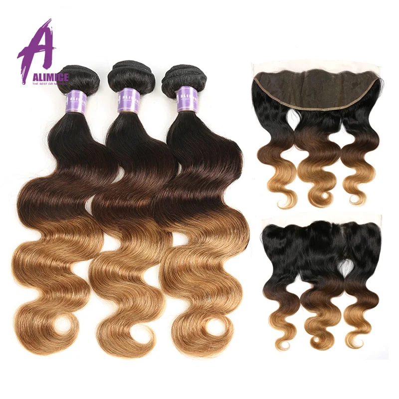 Ombre Human Hair Blonde 2 3 Bundles With Frontal T1B427 Non Remy Brazilian Hair Weave Body Wave Bundles with Frontal Alimice (2)