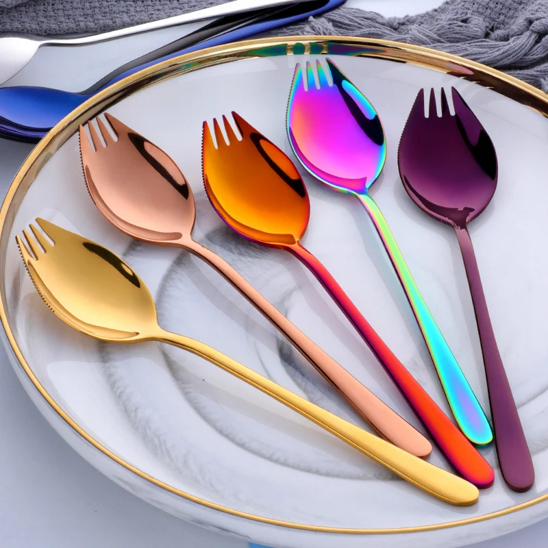 

2PCS 3 IN 1 Creative Design Kitchen Tableware Tools Stainless Steel Sporks Dessert Fork Spoon Noodles Salad Fruit Utensils Tools