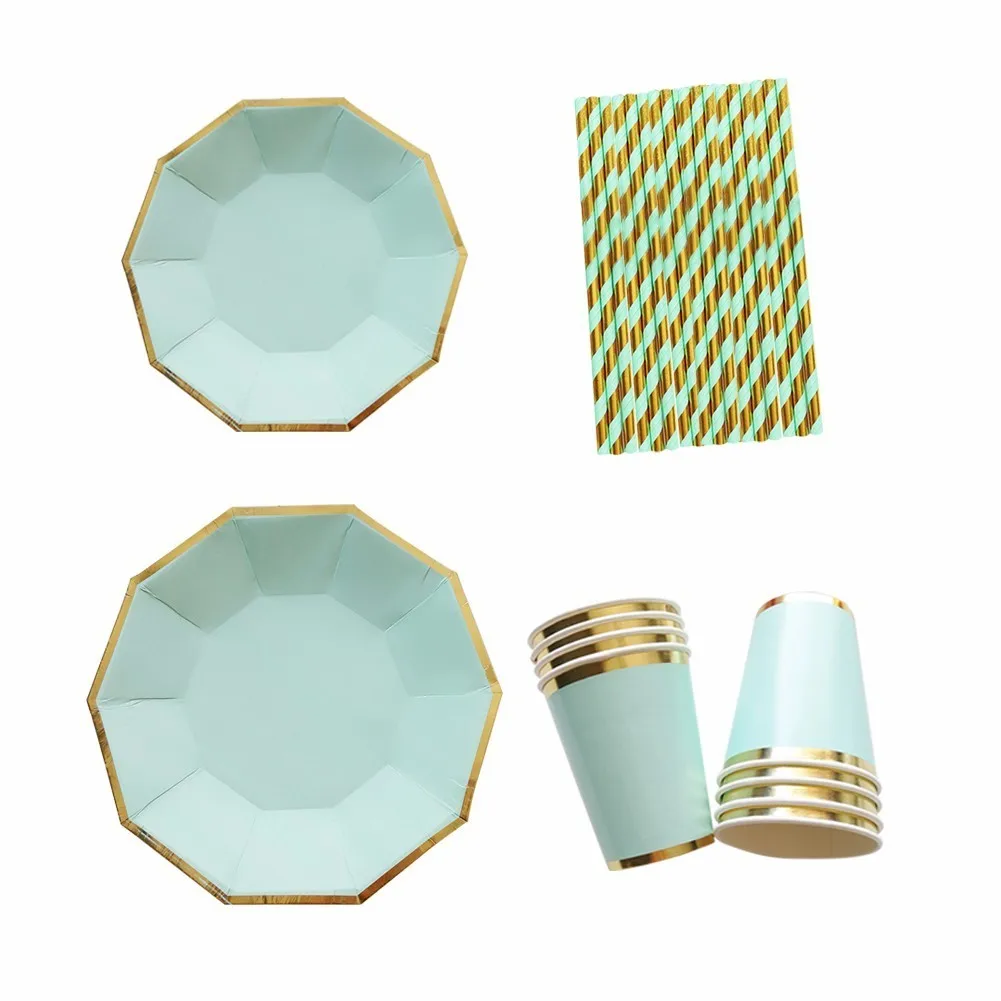 Gold Foil Mint Green Disposable Paper Plates Cups Straws Birthday