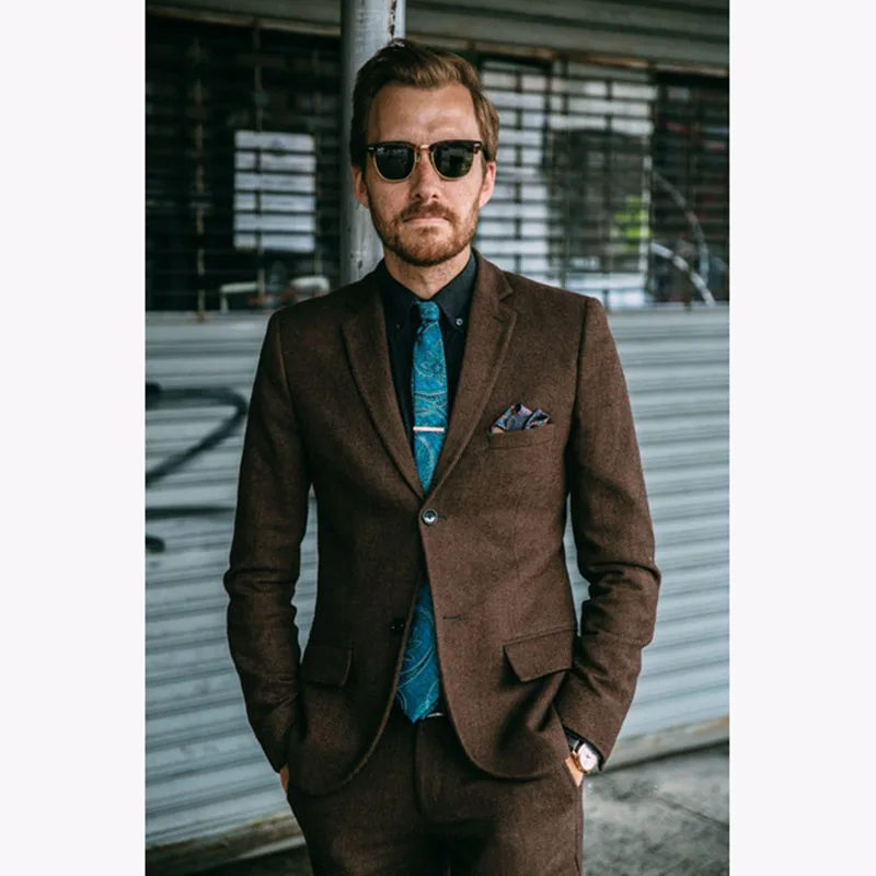2017 New Brown Tweed wedding font b Men b font font b Suit b font Slim