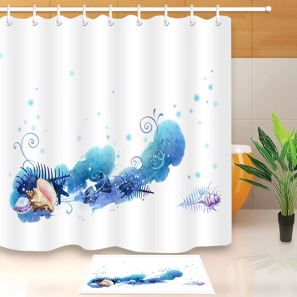 

LB 72''Watercolor Blue Scallop White Shower Curtains Polyester Liner With Bath Mat Set Bathroom Curtain Fabric for Bathtub Decor
