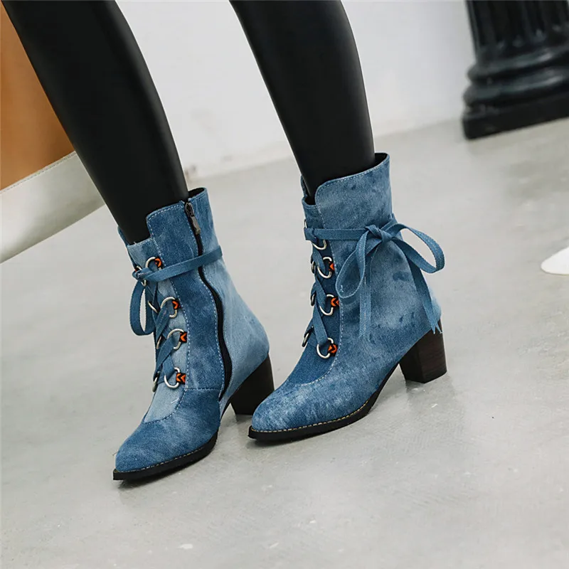 

YMECHIC 2019 Autumn Winter Denim Cross Tied High Heel Boots Female Blue Purple Block Heels Ankle Riding Knight Boots Shoes Woman
