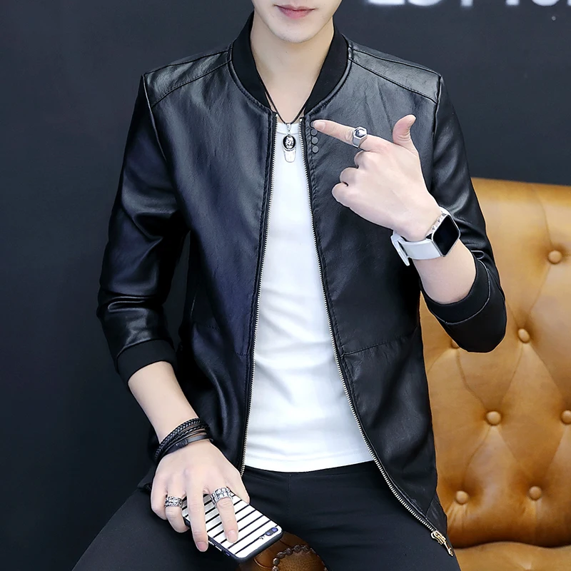 

2019 spring and autumn new leather jacket men's solid color casual leather jacket men's bomber jacket Slim men's clothing