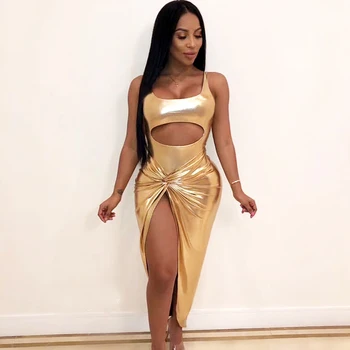 

Women Two Piece Set Sleeveless Hollow Out Bodysuit Ruched Split Maxi Dress Silver Gold Sparkle Celebrity Dresses Vestidos