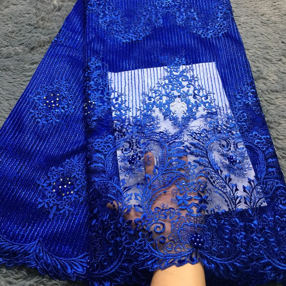 Синяя африканская кружевная ткань, Высококачественная кружевная французская сетчатая ткань с бисером, нигерийская швейцарская кружевная ткань для платья M2288