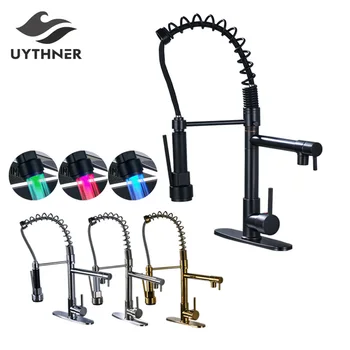 

Uythner Modern Deck Mounted One Handle Kitchen Sink Fucet Tap LED Light Pull Down Dual Spout Bathroom Kitchen Mixer Faucets