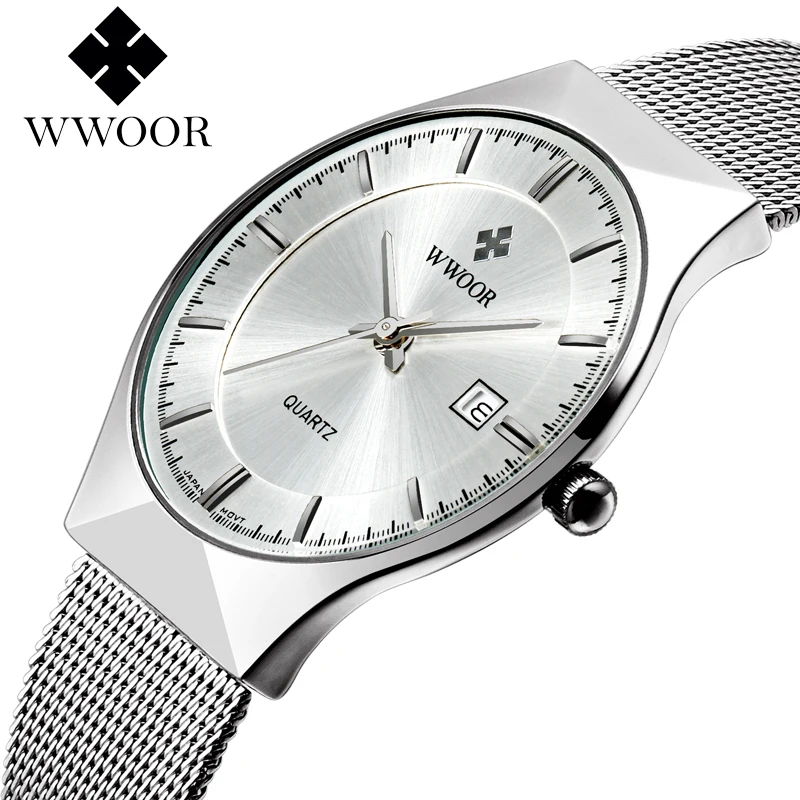 

WWOOR New Top Luxury Watch Men Brand Men's Watches Ultra Thin Stainless Steel Mesh Band Quartz Wristwatch Fashion casual watches