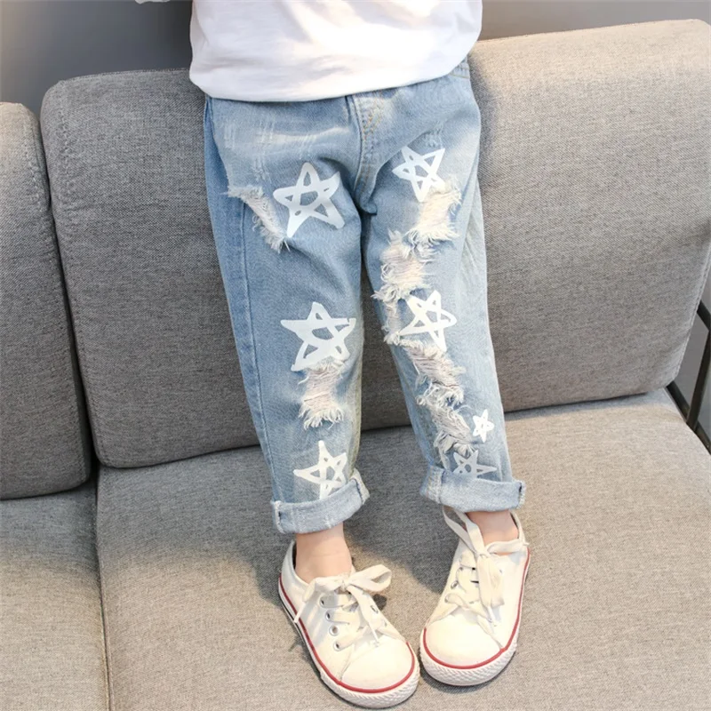 

Baby Kids Jeans Pants Star Hole Children Girl Trousers Denim Cotton Autumn Straight Loose Pant for 2-7Y Princess