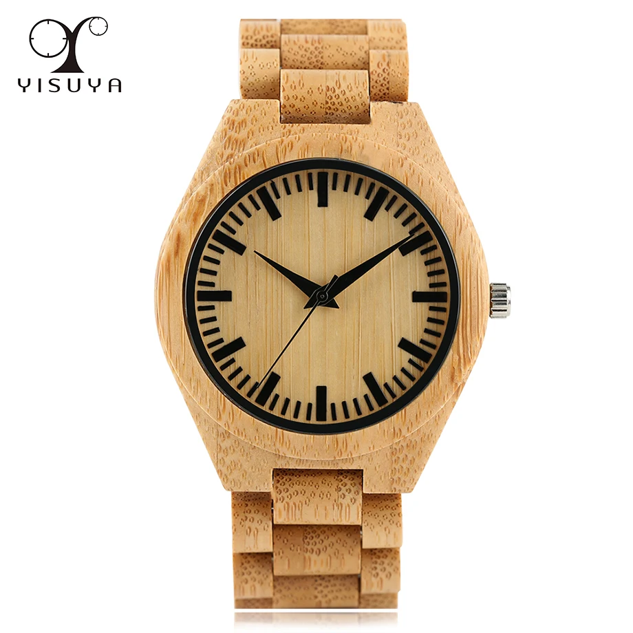 

Bamboo Wooden Wrist Watch for Men Analog Quartz Movement Bracelet Clasp Bamboo Strap Watches+Gift Bag 2017 Fashion