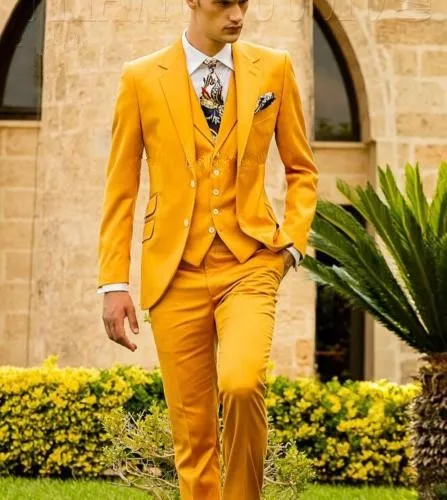 Кружевные горчично-Желтые Модные Для мужчин костюмы зауженного кроя из изготовленные на заказ костюмы Для мужчин Бизнес костюмы на выпускной, свадьбу Комплект из 3-х предметов Traje de Hombre брюки с жилеткой