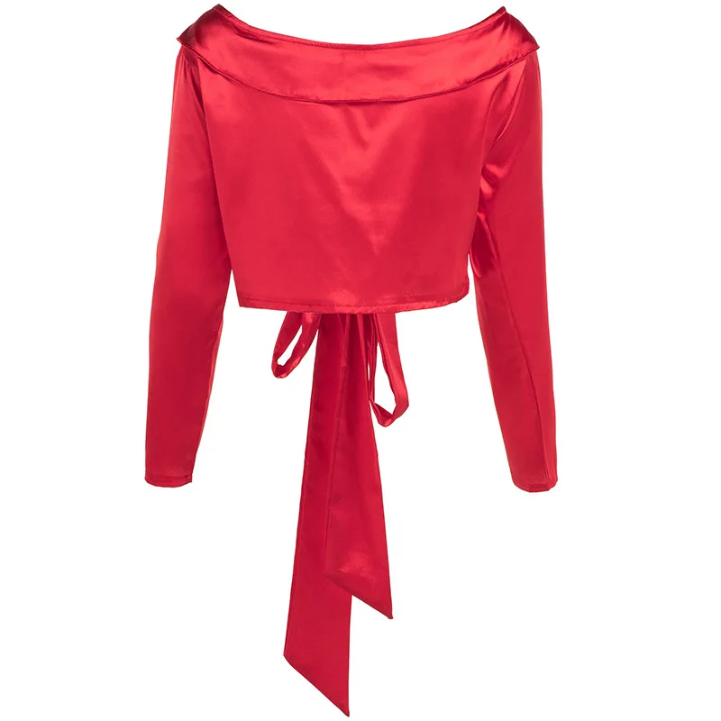BKLD Женская атласная блузка с галстуком-бабочкой и v-образным вырезом, атласная рубашка, элегантный короткий топ с длинным рукавом,, модные женские топы и блузки