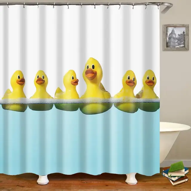 Bubbles Shower Curtain Cute Yellow Rubber Duck With Baby Ducks in the ...