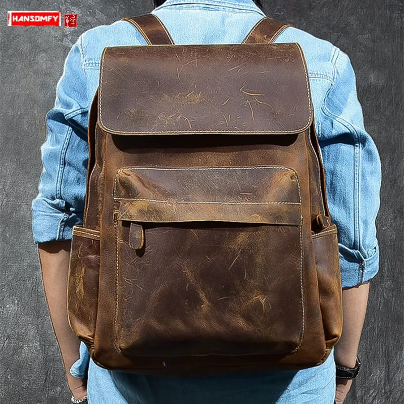 Crazy Horse Leather Men's Backpack Large Capacity 15.6 Inch Laptop Bag ...