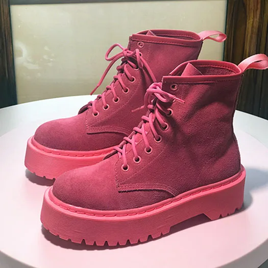 Ботильоны Flatform берцы обувь замша плоские военные Размер 34 женские Круглый носок розовый Muffin высокое качество зашнуровать на платформе женская китайский короткая мода женский - Цвет: Розовый