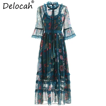 

Delocah Women Spring Summer Vintage Dress Runway Fashion Bow Tie Ruffles Mesh Overlay Floral Printed Elegant Vacation Dresses