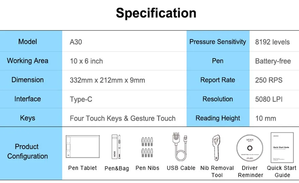 VEIKK A30 графический планшет для рисования для иллюстратора 10x6 дюймов Большая Активная область цифровой блокнот для рисования для художников