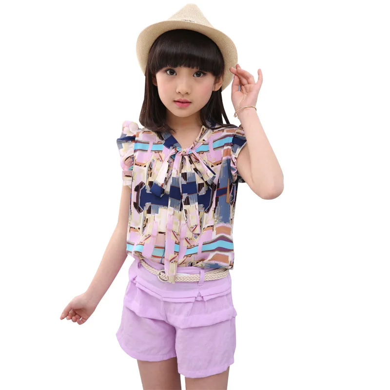 

2 Piece Suit 2017 Summer Girl Print Bow Chiffon T-shirt + Shorts Baby girl Summer Clothes Set
