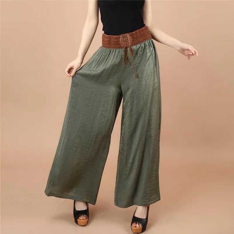 

Women Pants Plus Size Casual High Waist Belt Pants Solid Lady Loose Linen Wide Leg Pants summer ladies pantalon lin femme 15#