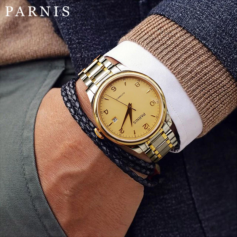 PARNIS 38mm Mechanical Watches Full Stainless Steel 18k Gold-plated Automatic Watch Men Top Brand L