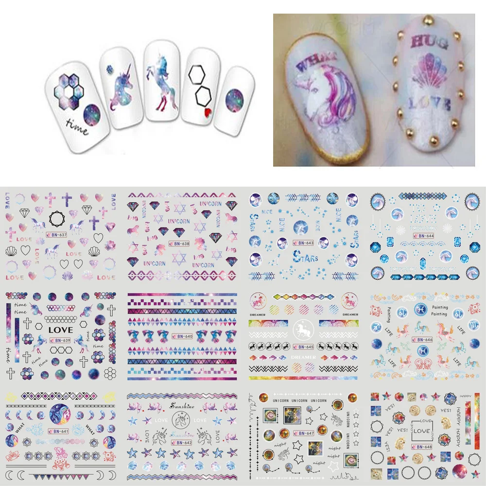 

12 Sheets in one Carton Designs (unicorn) Water transfer 3D Sticker Nail Art 1 Big Sheet(include 12 patterns) Sticker Nail Art