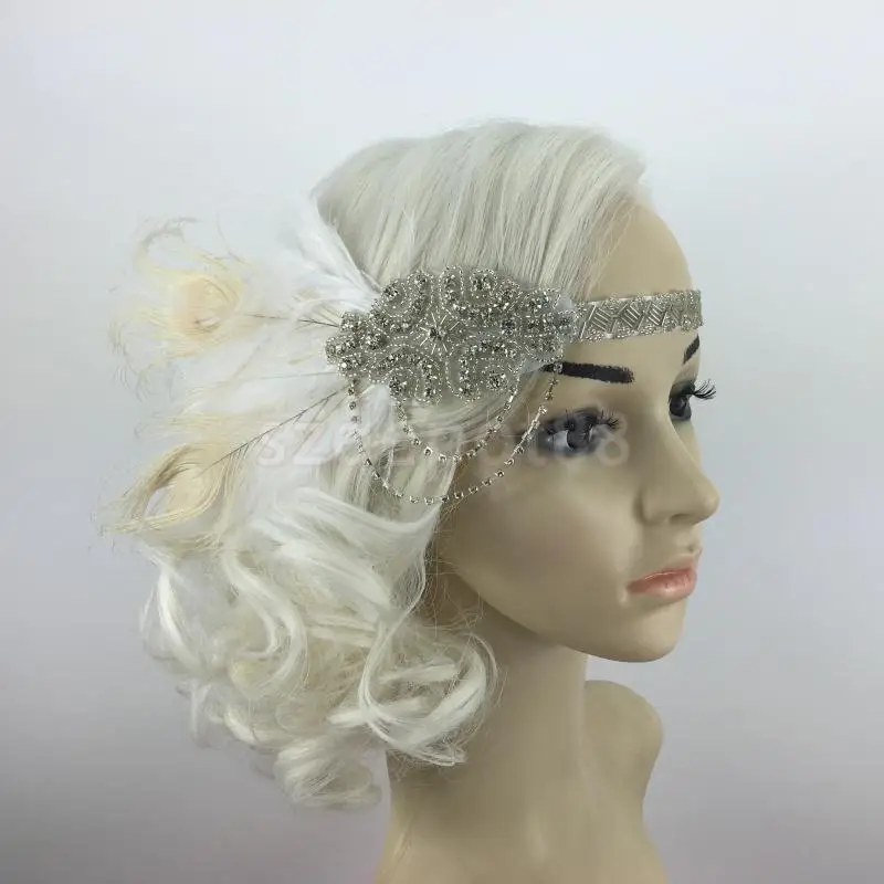 

Diamante Feather 1920s Flapper Headpiece Headband Fancy Great Gatsby White